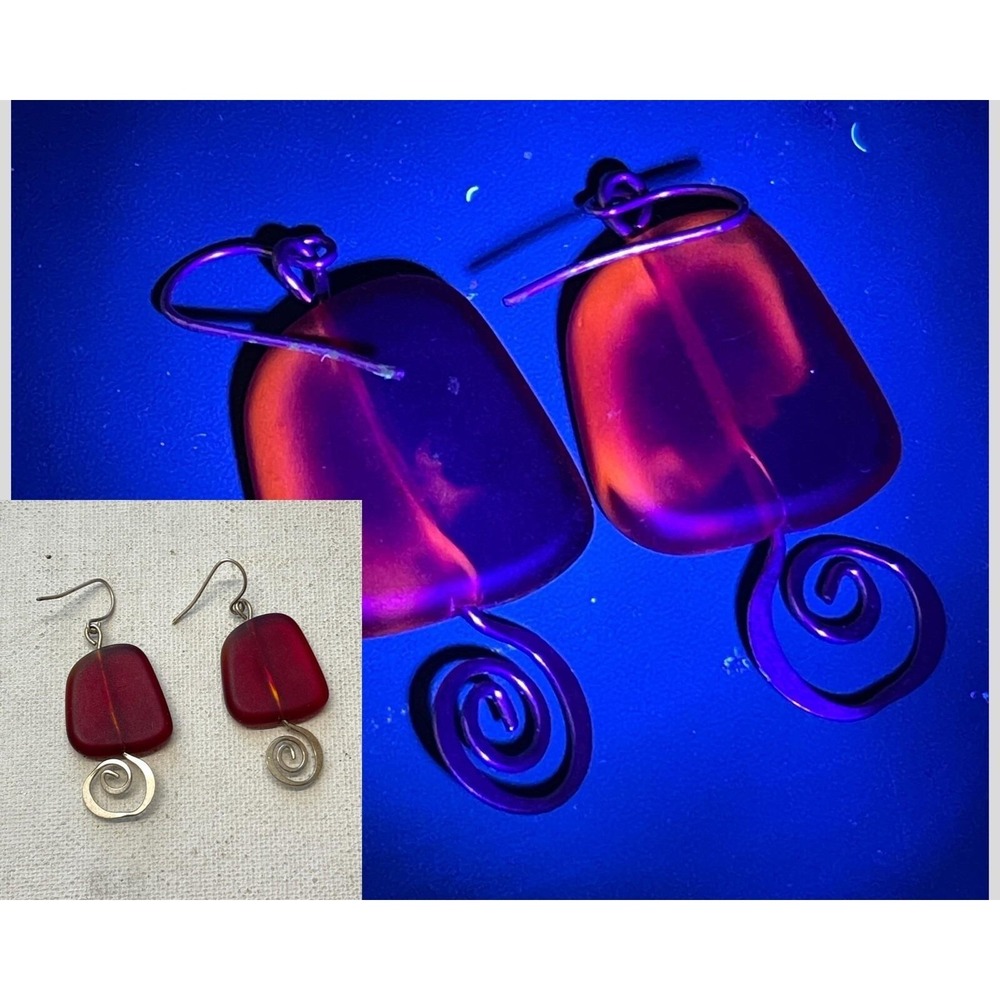 Tumbled Amberina Glass Cadmium UV Glow Dangle Sterling Hook Earrings